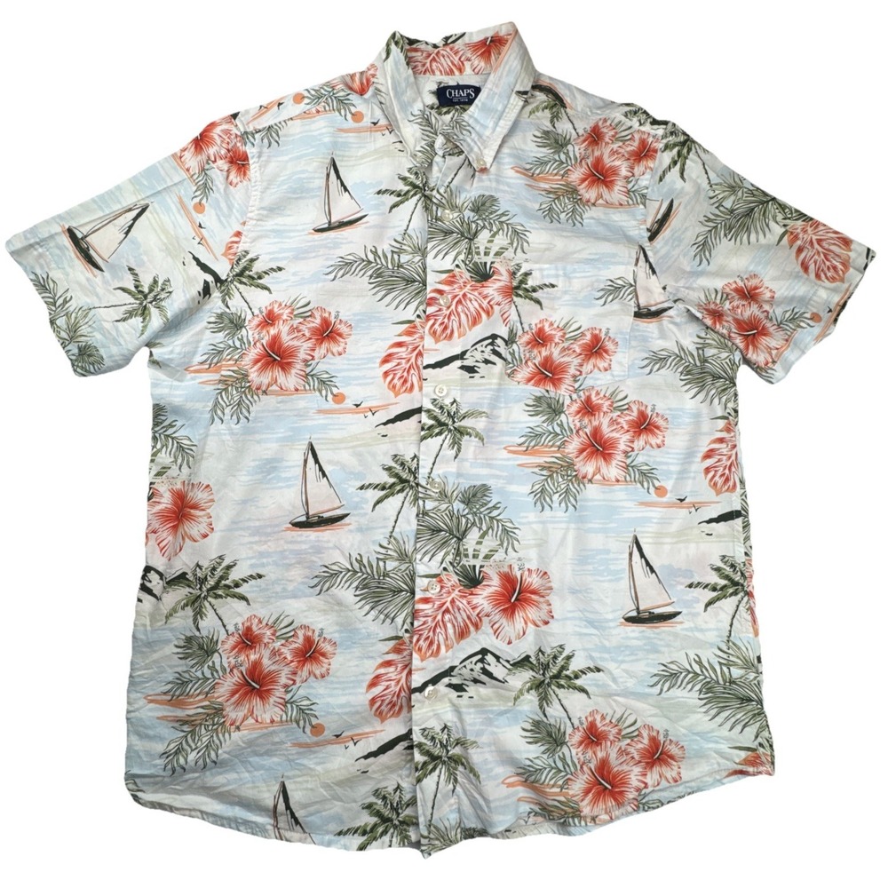 Chaps Button Down Shirt Tropical Hibiscus Sailboat Print XL Blue Orange White